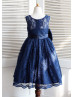 Navy Blue Lace Big Bow Knee Length Flower Girl Dress